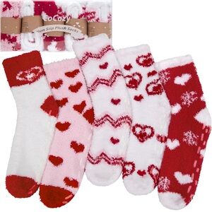 5 Pair Women's Non-Skid Plush Socks in Red, White and Pink with Heart Designs